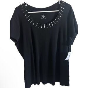 Dressbarn Black Short Sleeve Top with Silver rhinestone detail on the collar